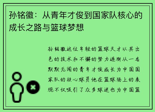 孙铭徽：从青年才俊到国家队核心的成长之路与篮球梦想